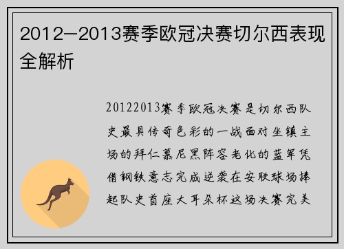 2012–2013赛季欧冠决赛切尔西表现全解析
