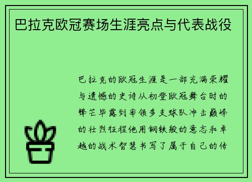 巴拉克欧冠赛场生涯亮点与代表战役